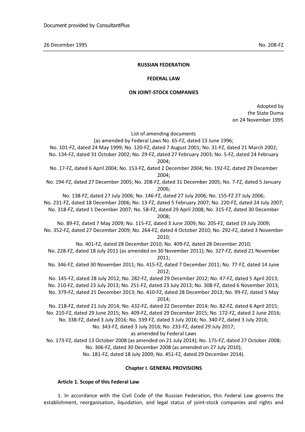 Federal Law of 26 December 1995 No 208-FZ on Joint-Stock