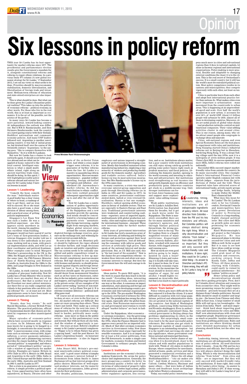 Opinion Six Lessons in Policy Reform This Year Sri Lanka Has Its Best Oppor- Pens Much More in Cities and Sub-National Tunity for Market Reforms Since 1977