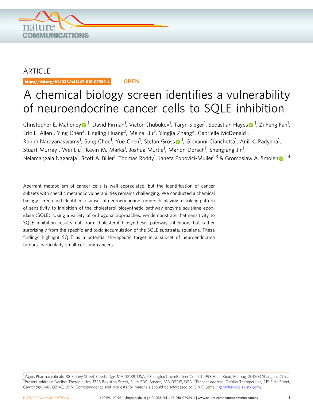 A Chemical Biology Screen Identifies a Vulnerability of Neuroendocrine