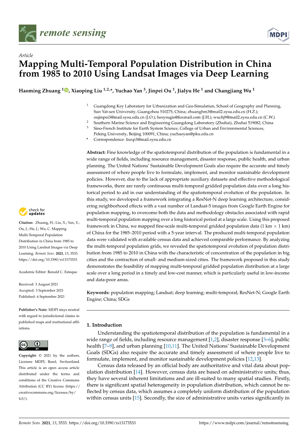 Mapping Multi-Temporal Population Distribution in China from 1985 to 2010 Using Landsat Images Via Deep Learning