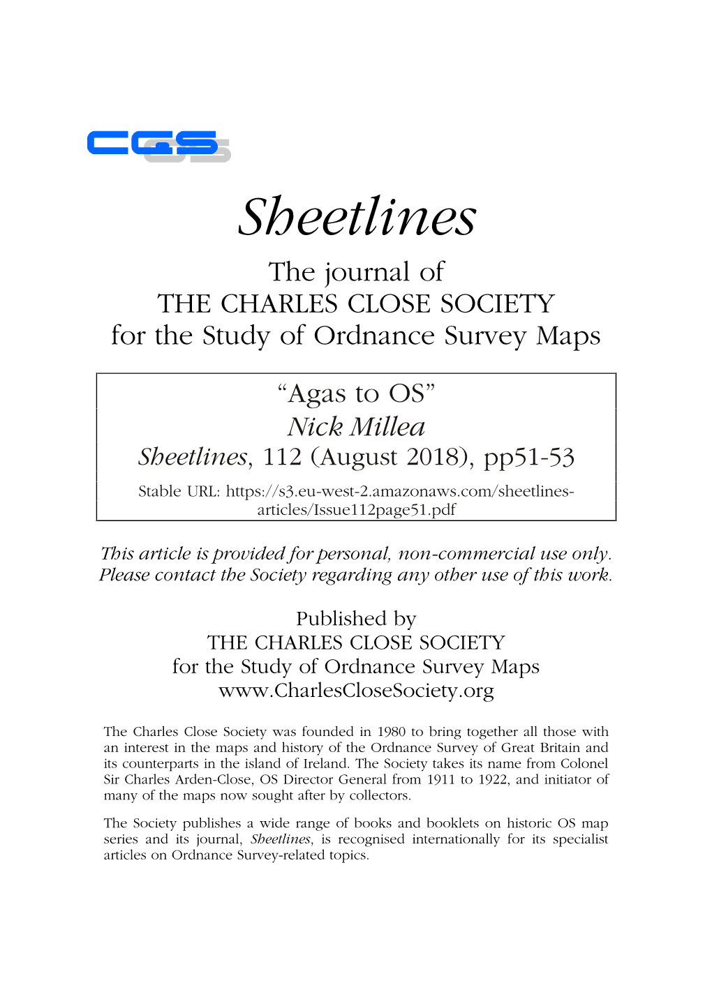 Sheetlines the Journal of the CHARLES CLOSE SOCIETY for the Study of Ordnance Survey Maps