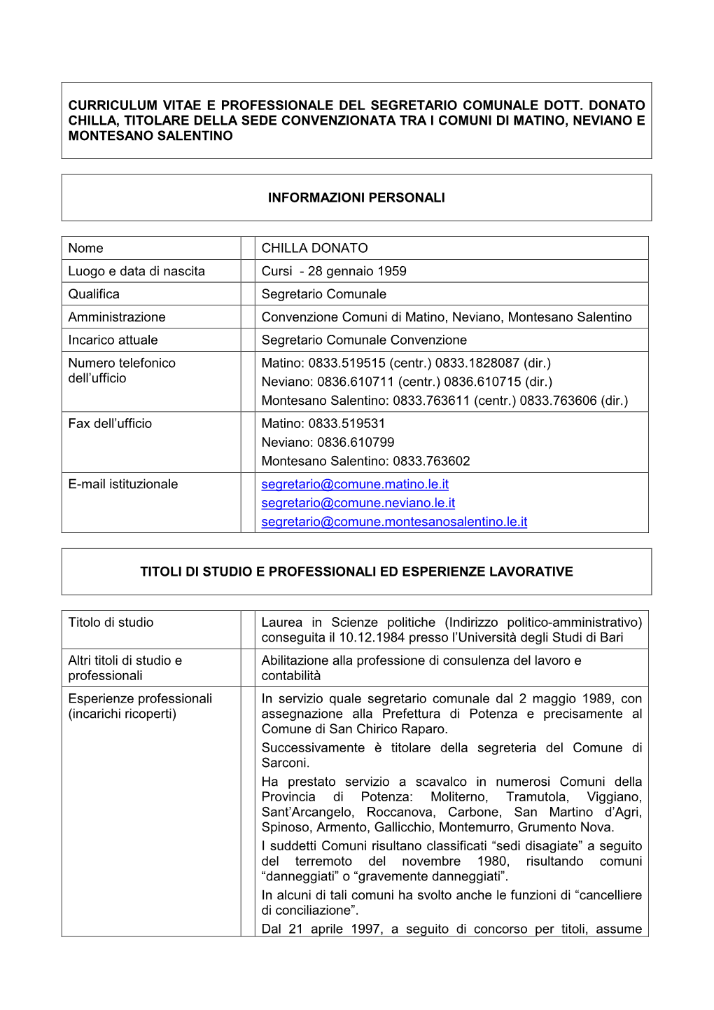 Curriculum Vitae E Professionale Del Segretario Comunale Dott