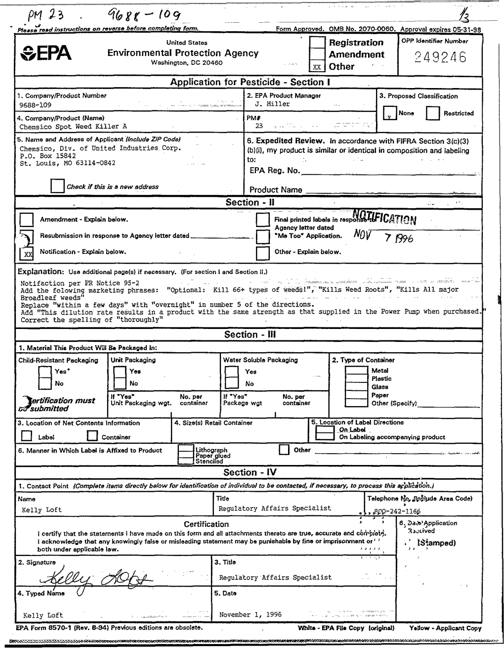 U.S. EPA, Pesticide Product Label, CHEMSICO SPOT WEED KILLER A, 11/07/1996