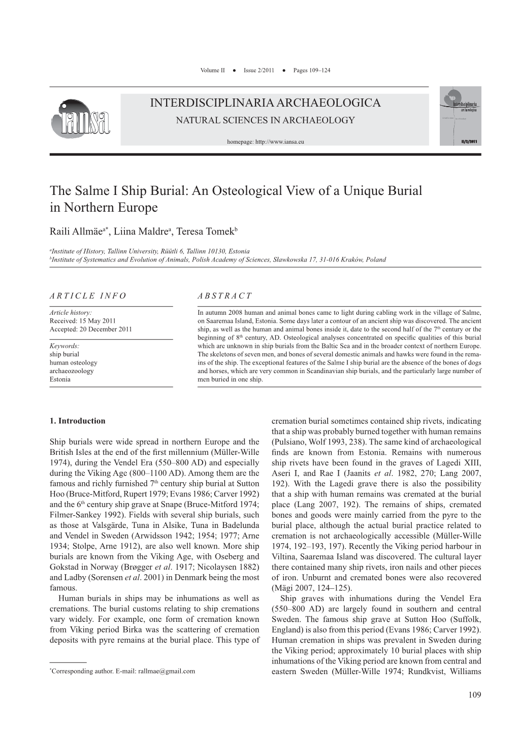 The Salme I Ship Burial: an Osteological View of a Unique Burial in Northern Europe