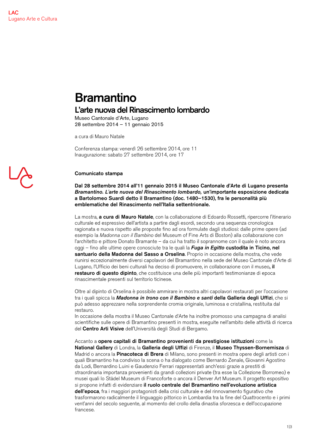 Bramantino L’Arte Nuova Del Rinascimento Lombardo Museo Cantonale D’Arte, Lugano 28 Settembre 2014 – 11 Gennaio 2015