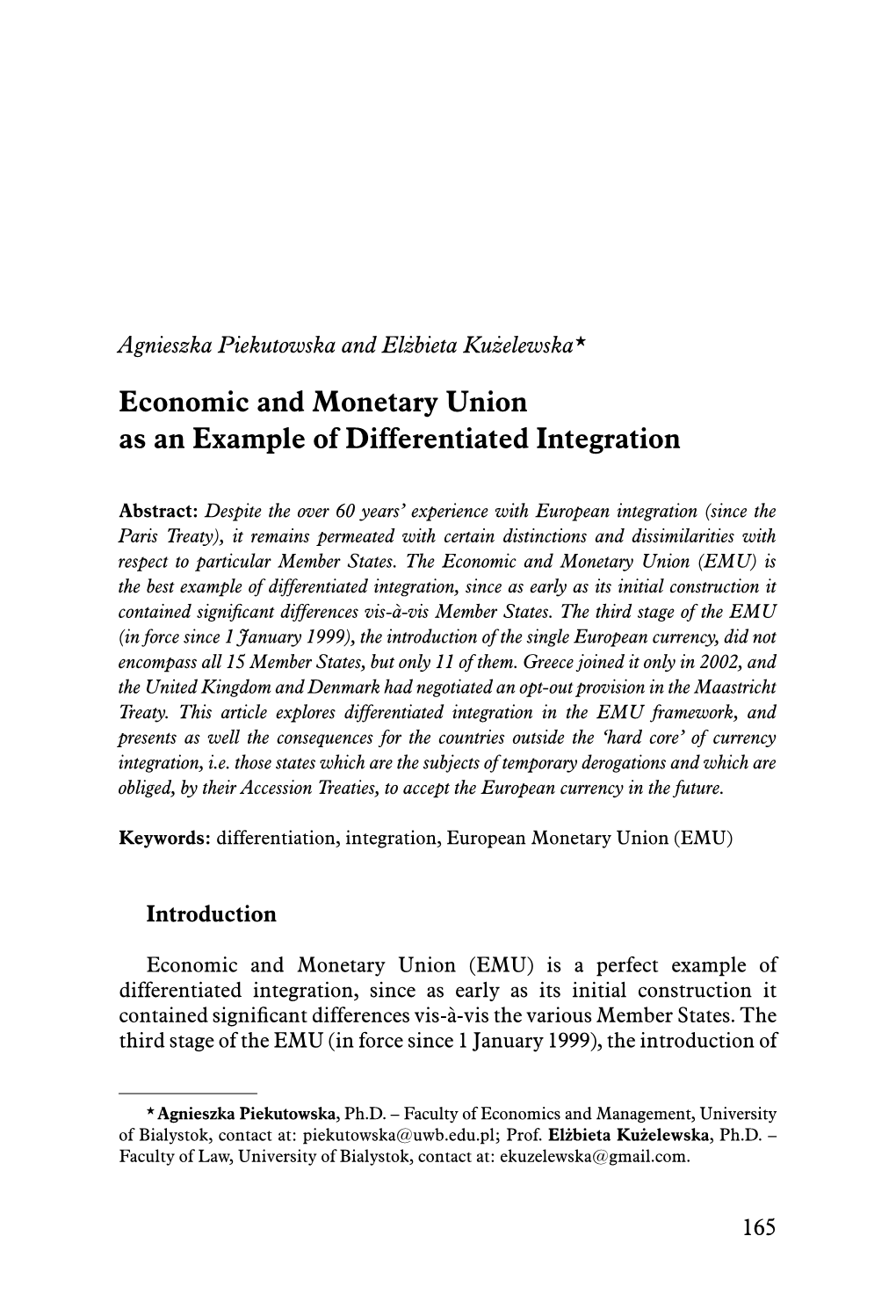 Economic and Monetary Union As an Example of Differentiated Integration