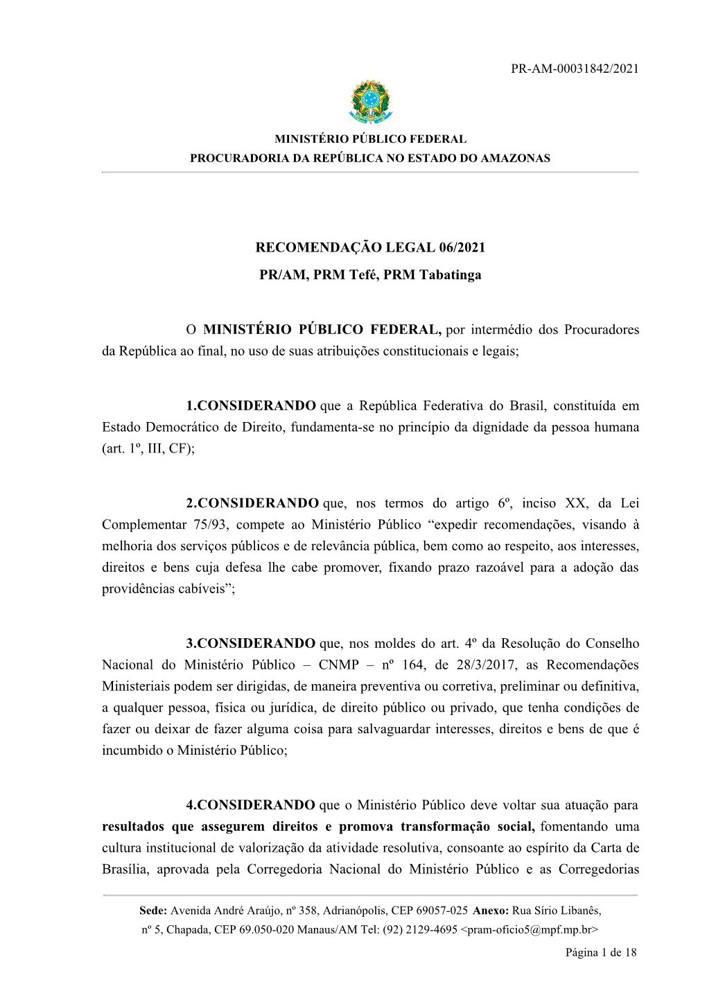 RECOMENDAÇÃO LEGAL 06/2021 PR/AM, PRM Tefé, PRM Tabatinga