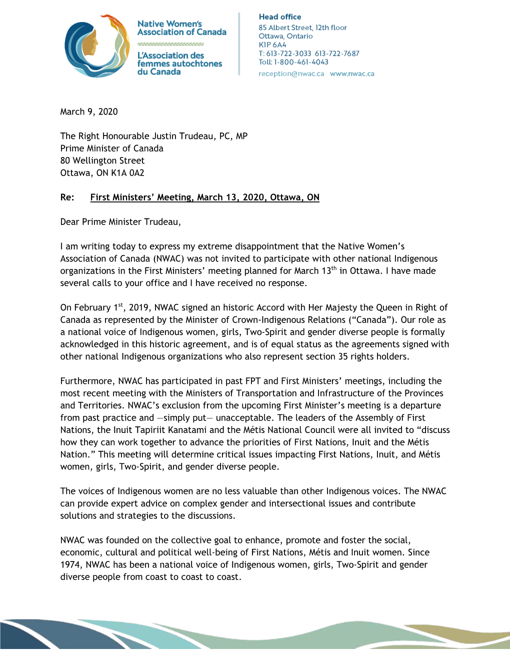 March 9, 2020 the Right Honourable Justin Trudeau, PC, MP Prime Minister of Canada 80 Wellington Street Ottawa, on K1A 0A2 Re: F