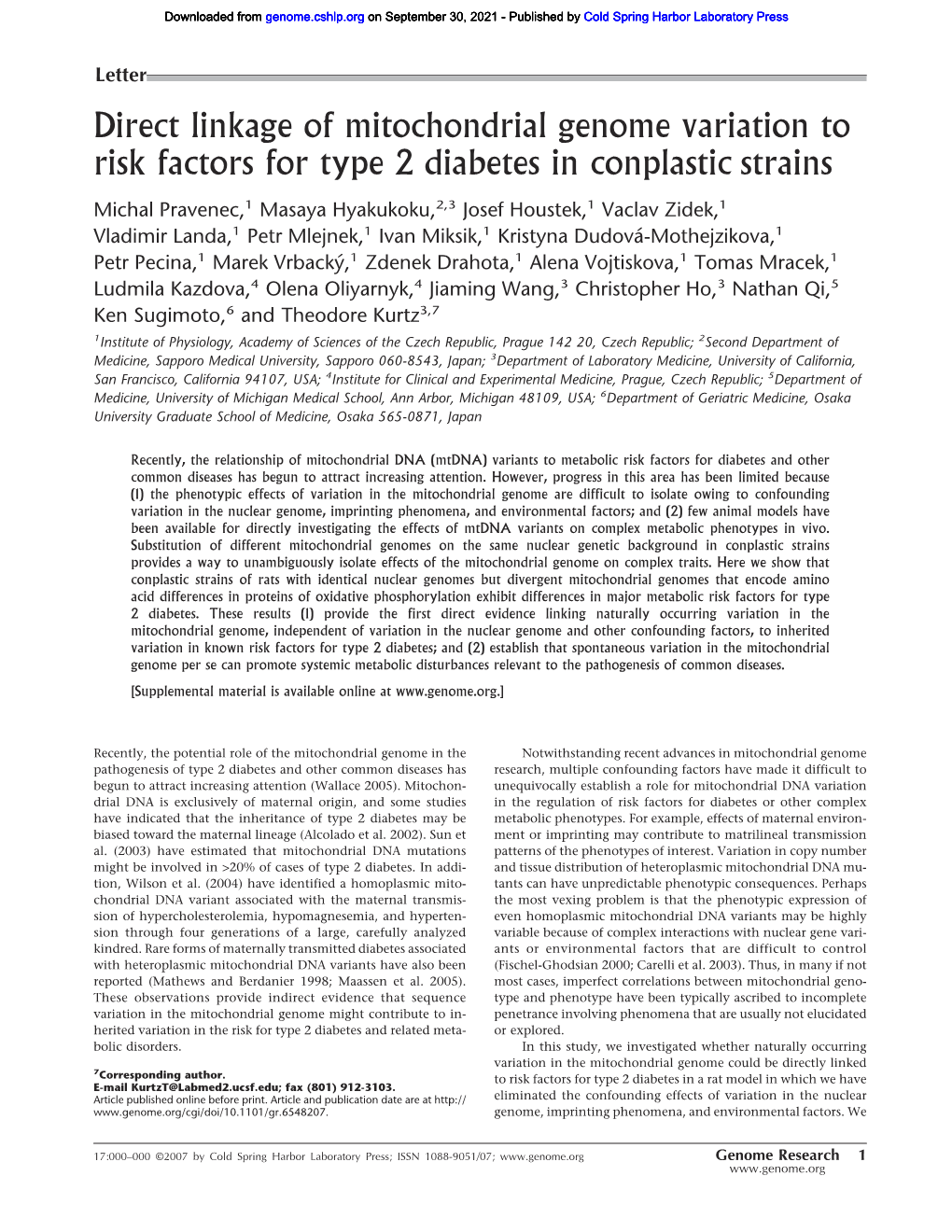 Direct Linkage of Mitochondrial Genome Variation to Risk Factors for Type 2 Diabetes in Conplastic Strains