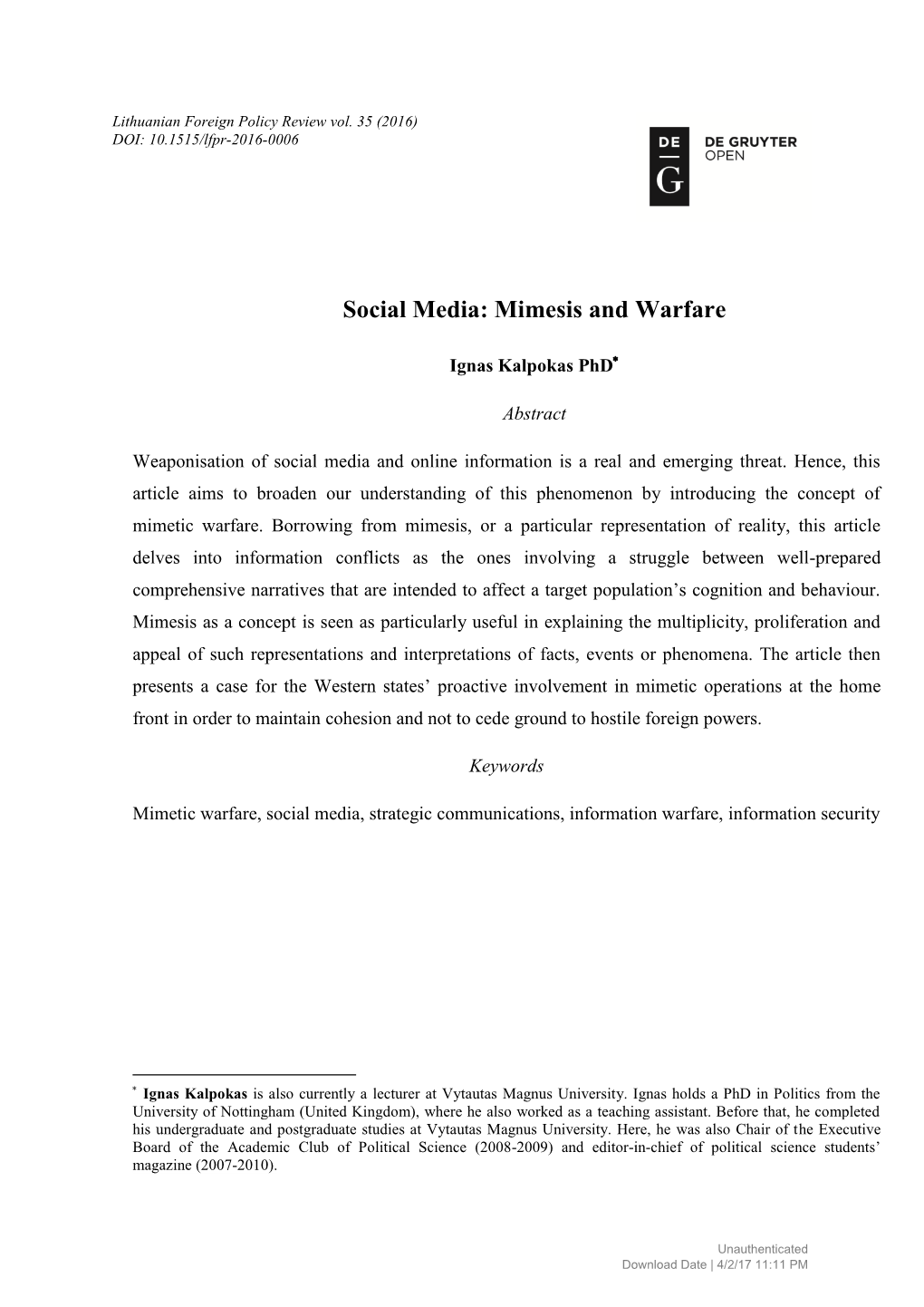Social Media: Mimesis and Warfare