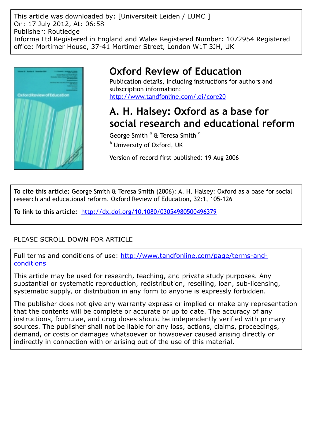 A. H. Halsey: Oxford As a Base for Social Research and Educational