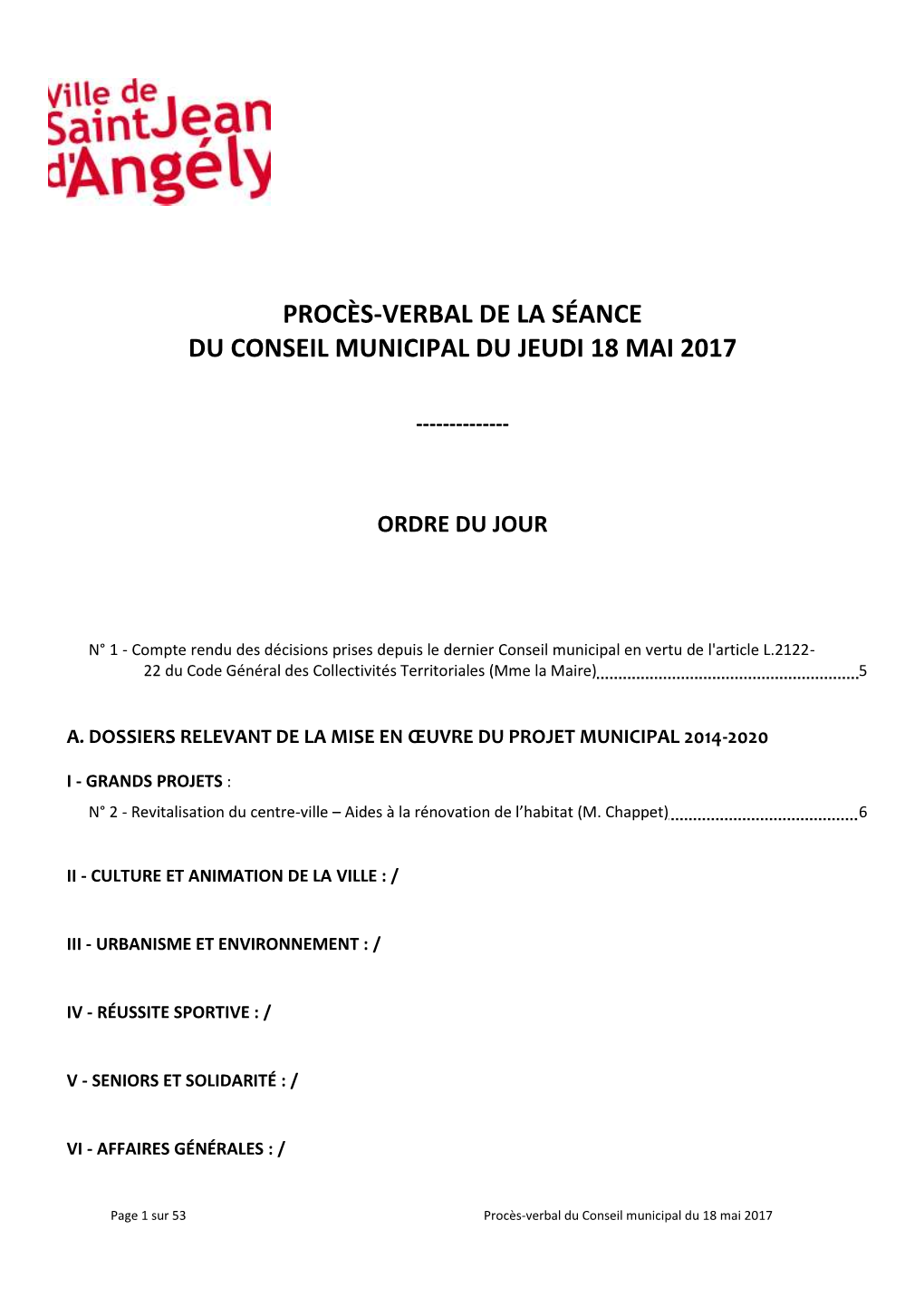 Procès-Verbal De La Séance Du Conseil Municipal Du Jeudi 18 Mai 2017