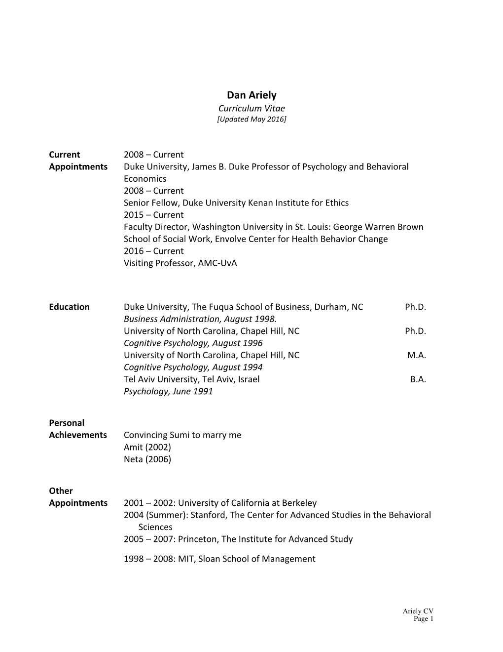 Dan Ariely Curriculum Vitae [Updated May 2016]