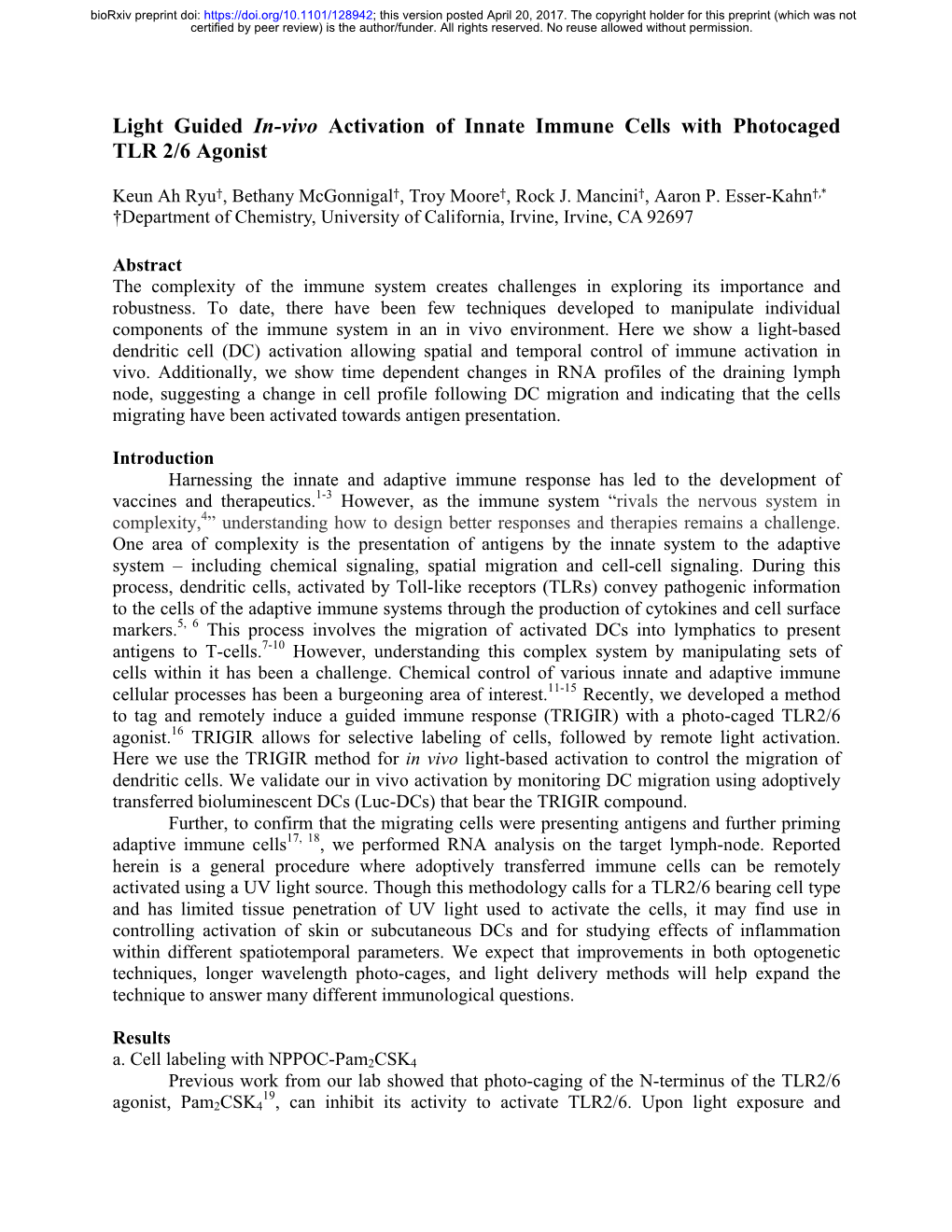 Light Guided In-Vivo Activation of Innate Immune Cells with Photocaged TLR 2/6 Agonist