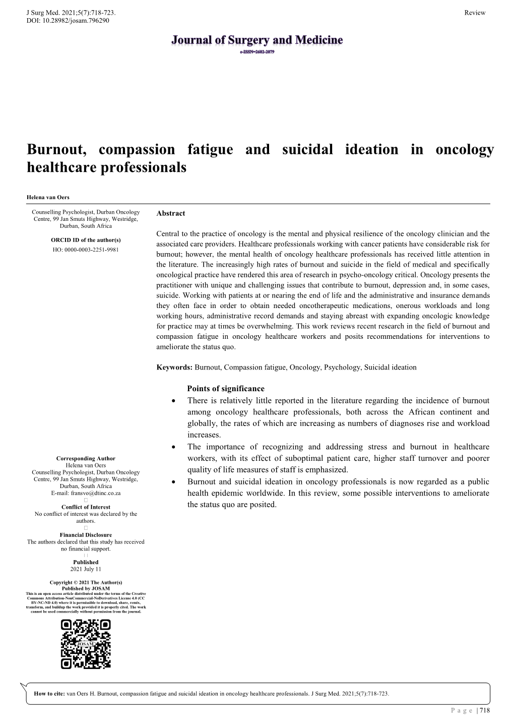 Burnout, Compassion Fatigue and Suicidal Ideation in Oncology Healthcare Professionals