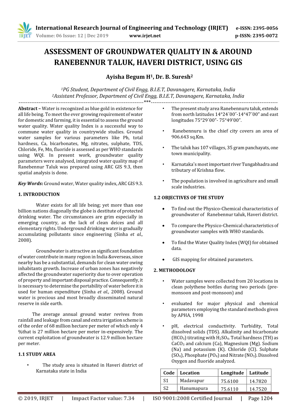 Assessment of Groundwater Quality in & Around Ranebennur