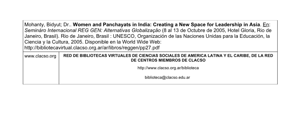 Mohanty, Bidyut; Dr.. Women and Panchayats in India: Creating a New Space for Leadership in Asia