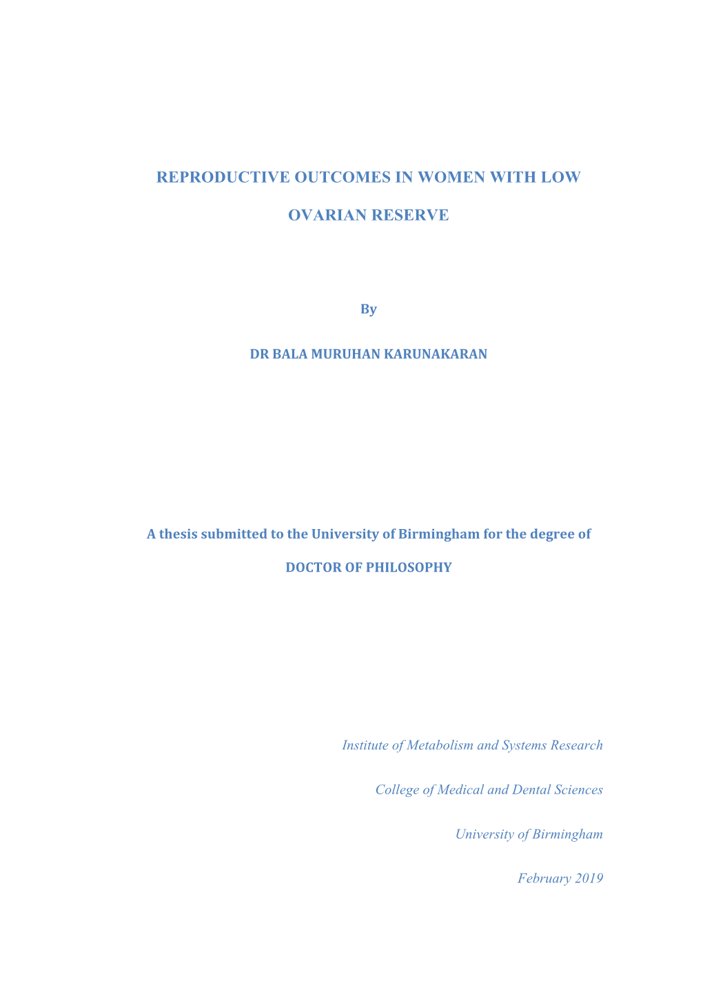 Reproductive Outcomes in Women with Low Ovarian Reserve