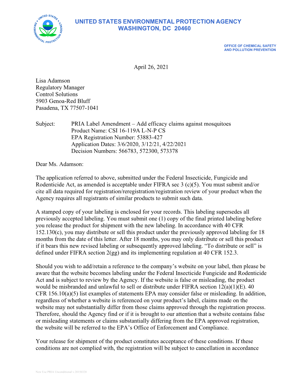 US EPA, Pesticide Product Label, CSI 16-119A L-N-P CS,04/26/2021