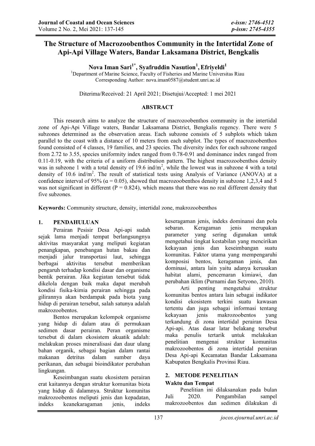 The Structure of Macrozoobenthos Community in the Intertidal Zone of Api-Api Village Waters, Bandar Laksamana District, Bengkalis