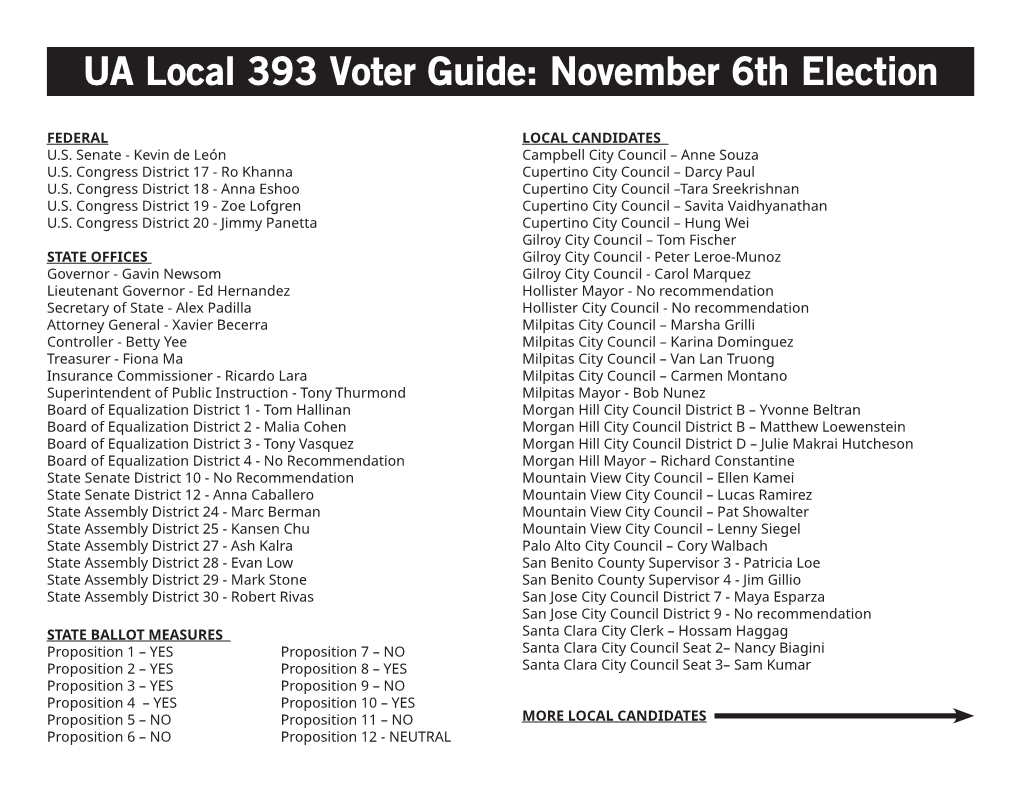 UA Local 393 Voter Guide: November 6Th Election