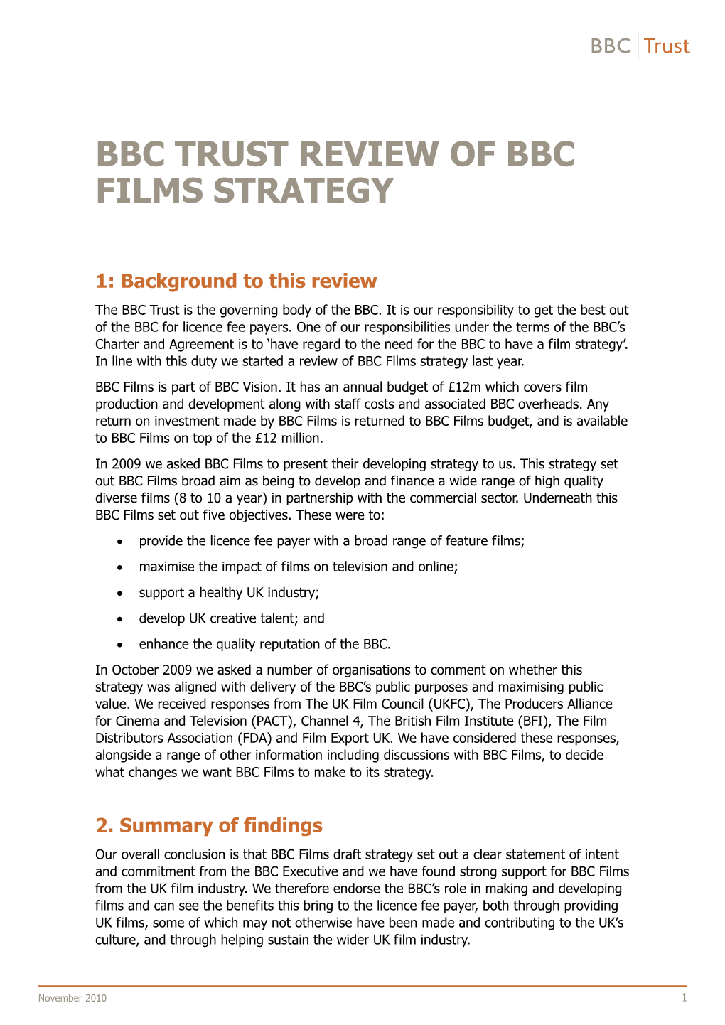 Bbc Trust Review of Bbc Films Strategy