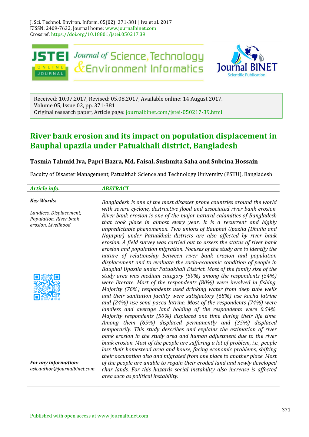 River Bank Erosion and Its Impact on Population Displacement in Bauphal Upazila Under Patuakhali District, Bangladesh