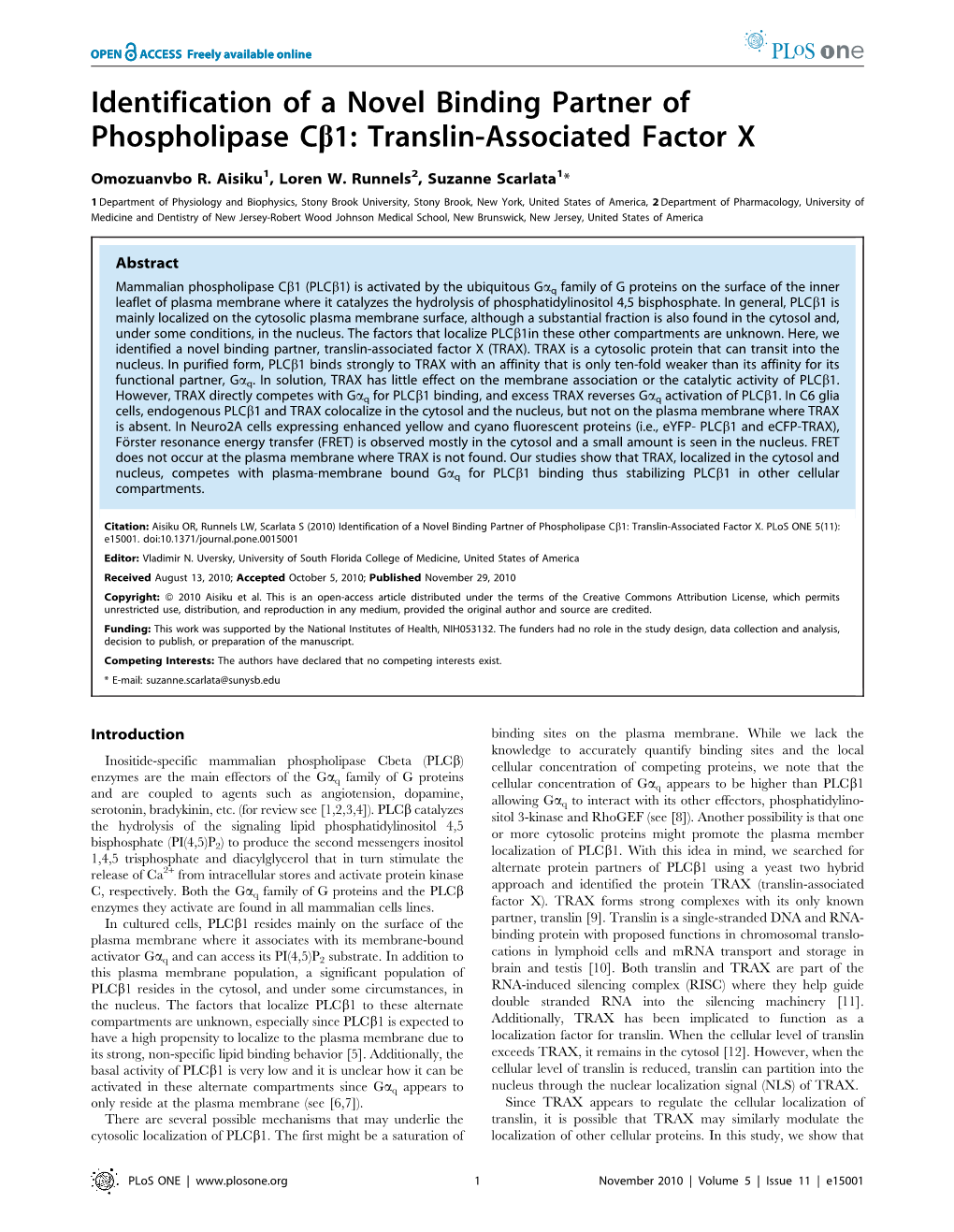 Identification of a Novel Binding Partner of Phospholipase Cb1: Translin-Associated Factor X