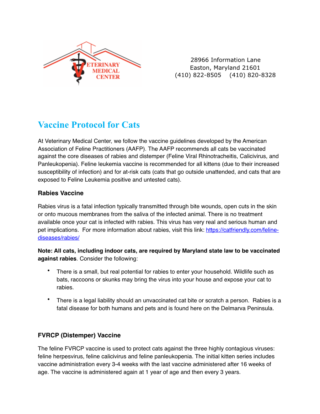 Vaccine Protocol for Cats