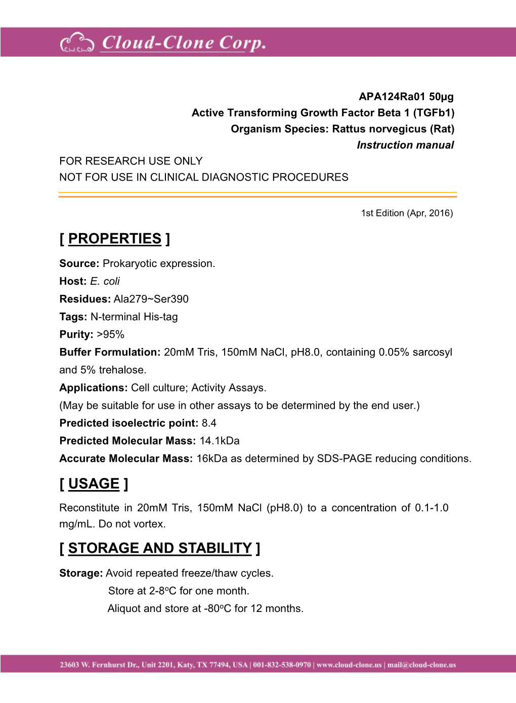 Instruction Manual for RESEARCH USE ONLY NOT for USE in CLINICAL DIAGNOSTIC PROCEDURES