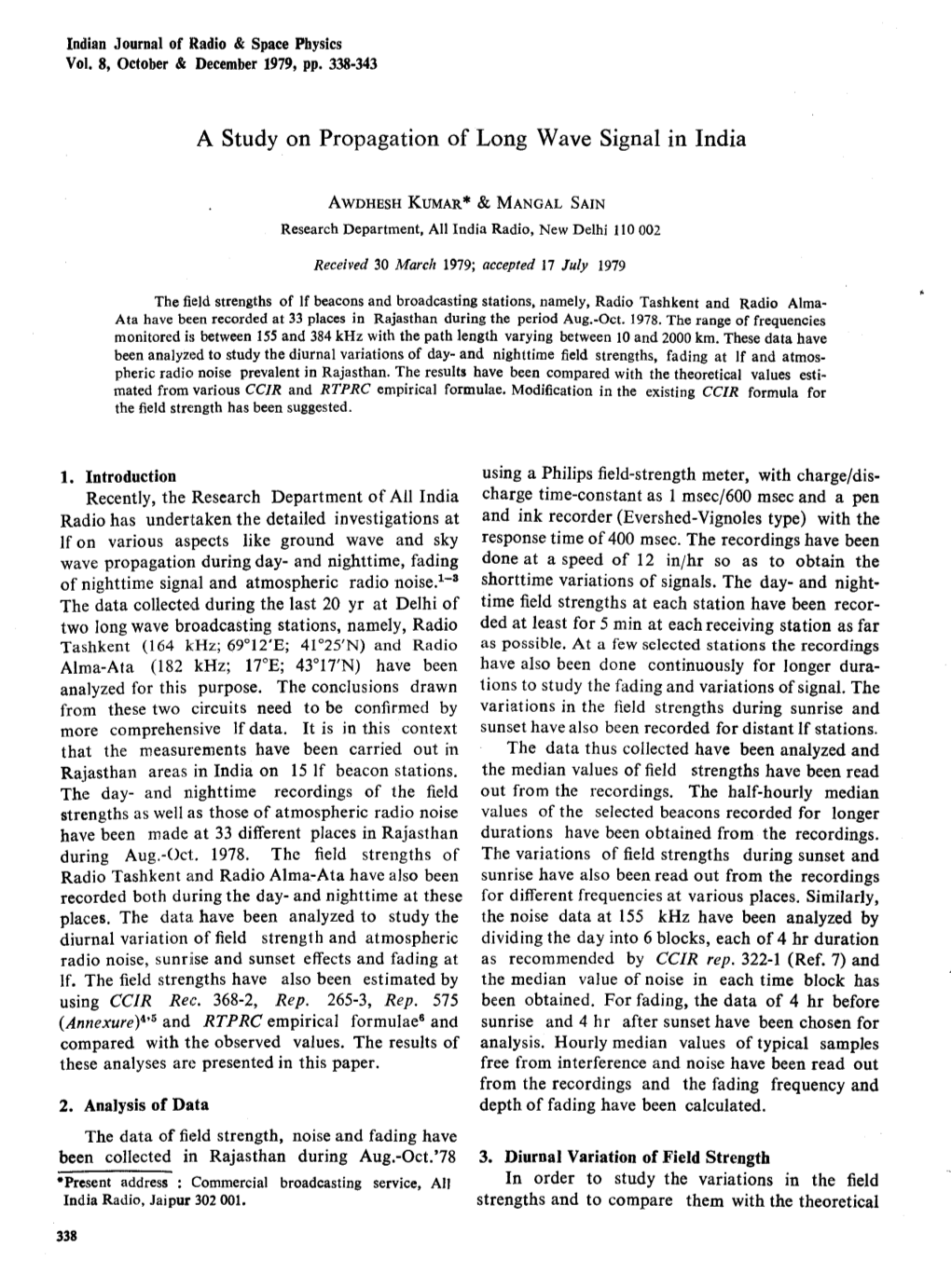 A Study on Propagation of Long Wave Signal in India