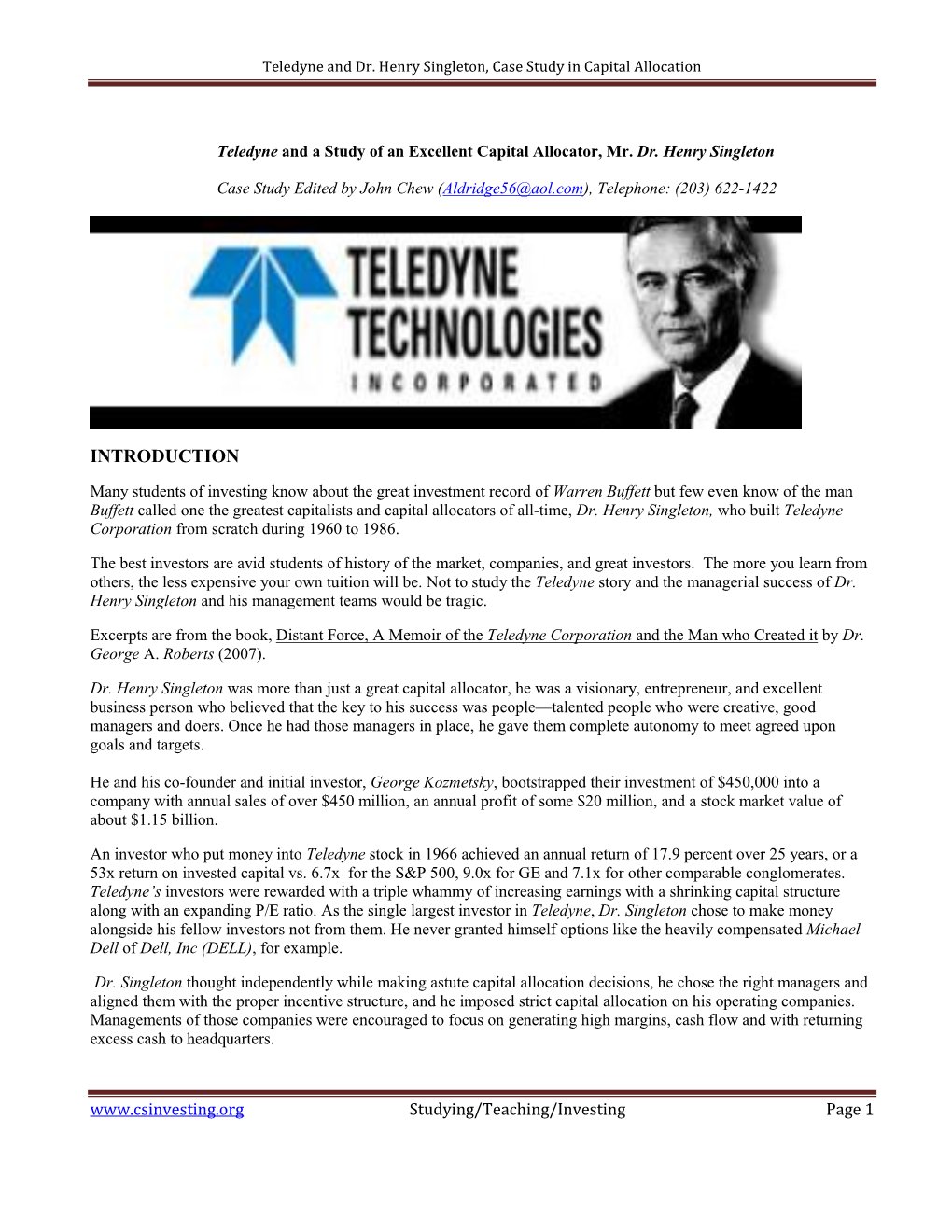 Teledyne and Dr. Henry Singleton, Case Study in Capital Allocation