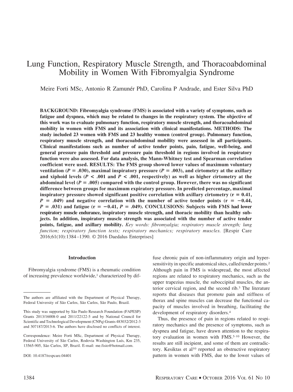 Lung Function, Respiratory Muscle Strength, and Thoracoabdominal Mobility in Women with Fibromyalgia Syndrome