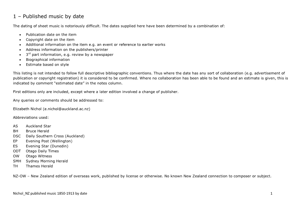 1 – Published Music by Date