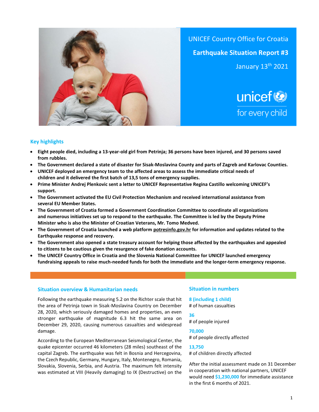 UNICEF Country Office for Croatia Earthquake Situation Report #3 January 13Th 2021
