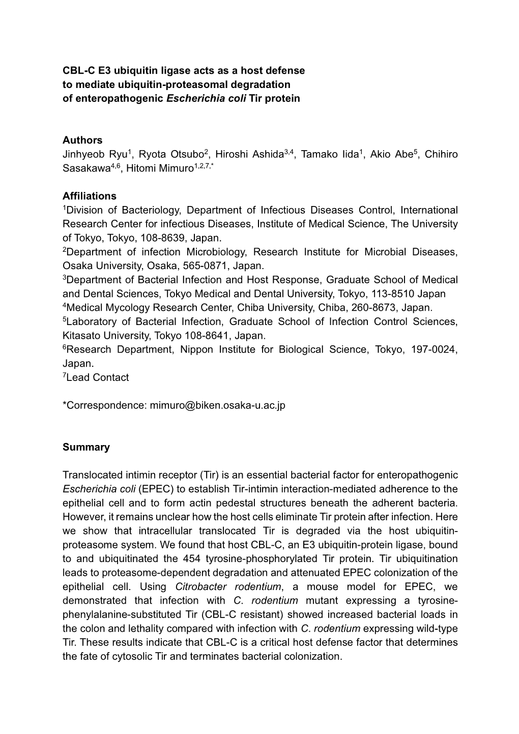 CBL-C E3 Ubiquitin Ligase Acts As a Host Defense to Mediate Ubiquitin-Proteasomal Degradation of Enteropathogenic Escherichia Coli Tir Protein