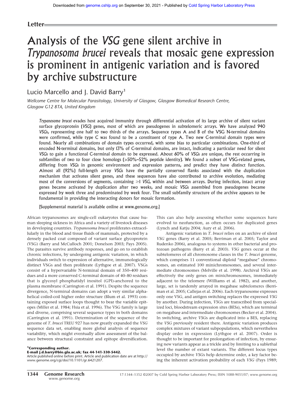 Analysis of the VSG Gene Silent Archive in Trypanosoma Brucei