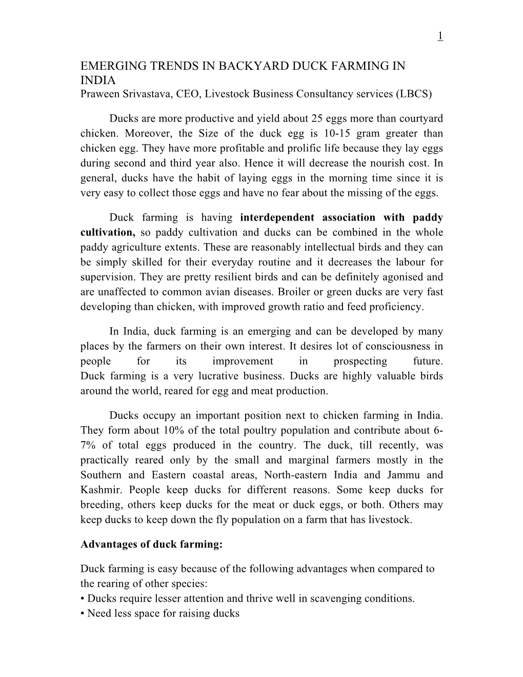 EMERGING TRENDS in BACKYARD DUCK FARMING in INDIA Praween Srivastava, CEO, Livestock Business Consultancy Services (LBCS)