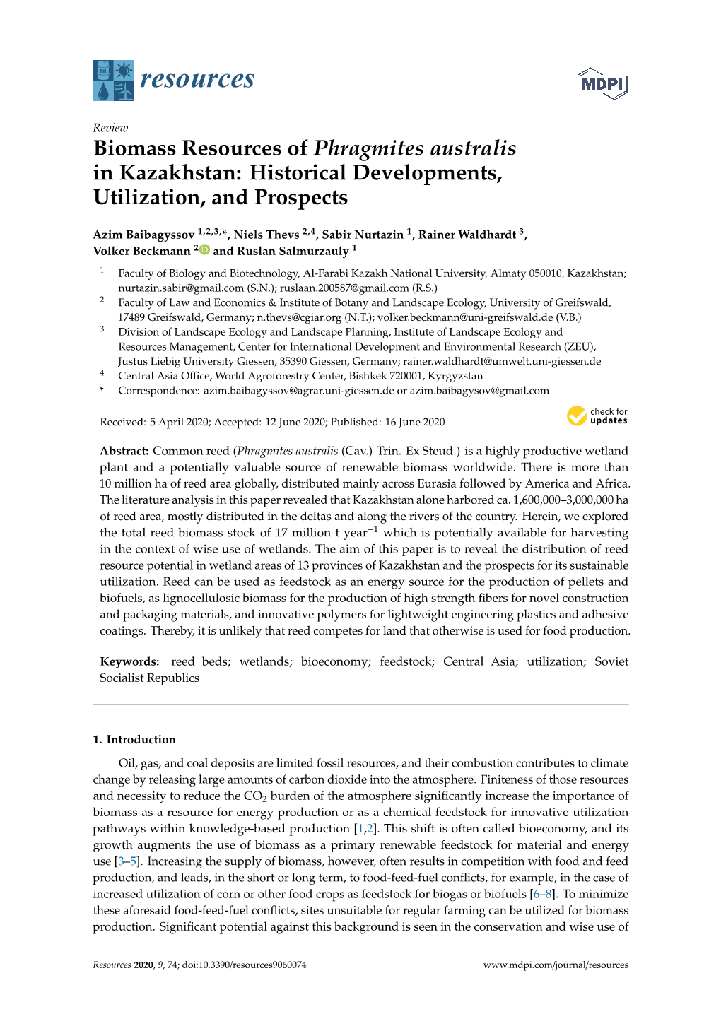 Biomass Resources of Phragmites Australis in Kazakhstan: Historical Developments, Utilization, and Prospects