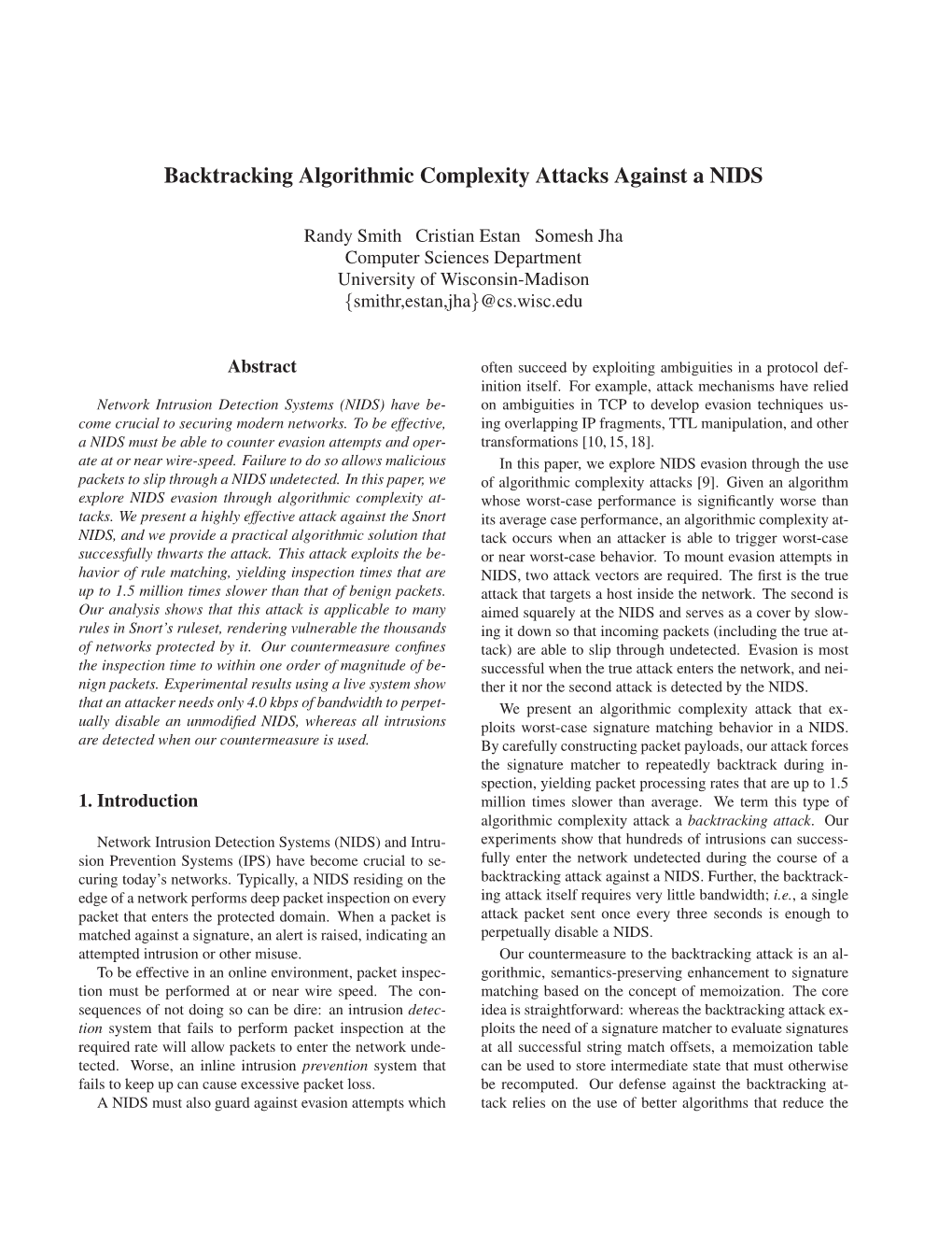 Backtracking Algorithmic Complexity Attacks Against a NIDS