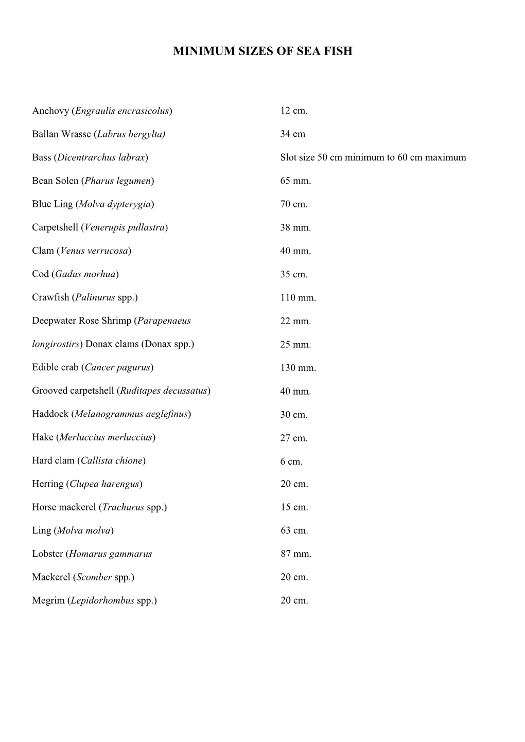 Minimum Sizes of Sea Fish