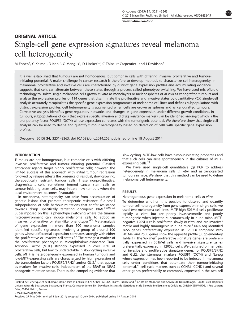 Single-Cell Gene Expression Signatures Reveal Melanoma Cell Heterogeneity