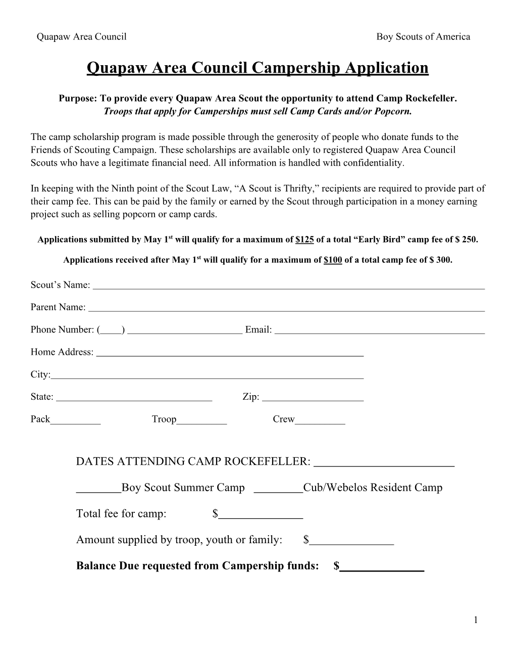 Quapaw Area Council Campership Application