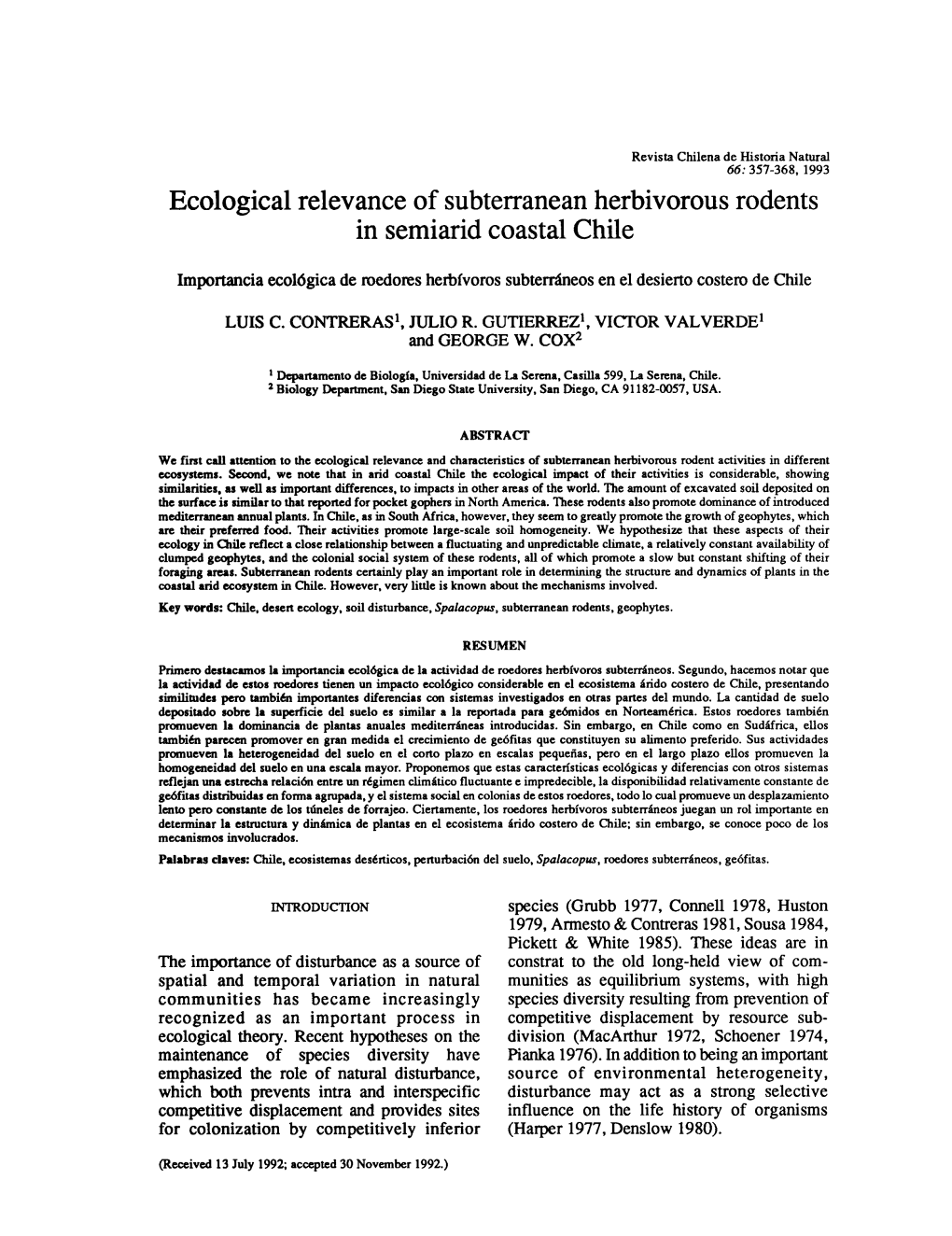 Ecological Relevance of Subterranean Herbivorous Rodents in Semiarid Coastal Chile