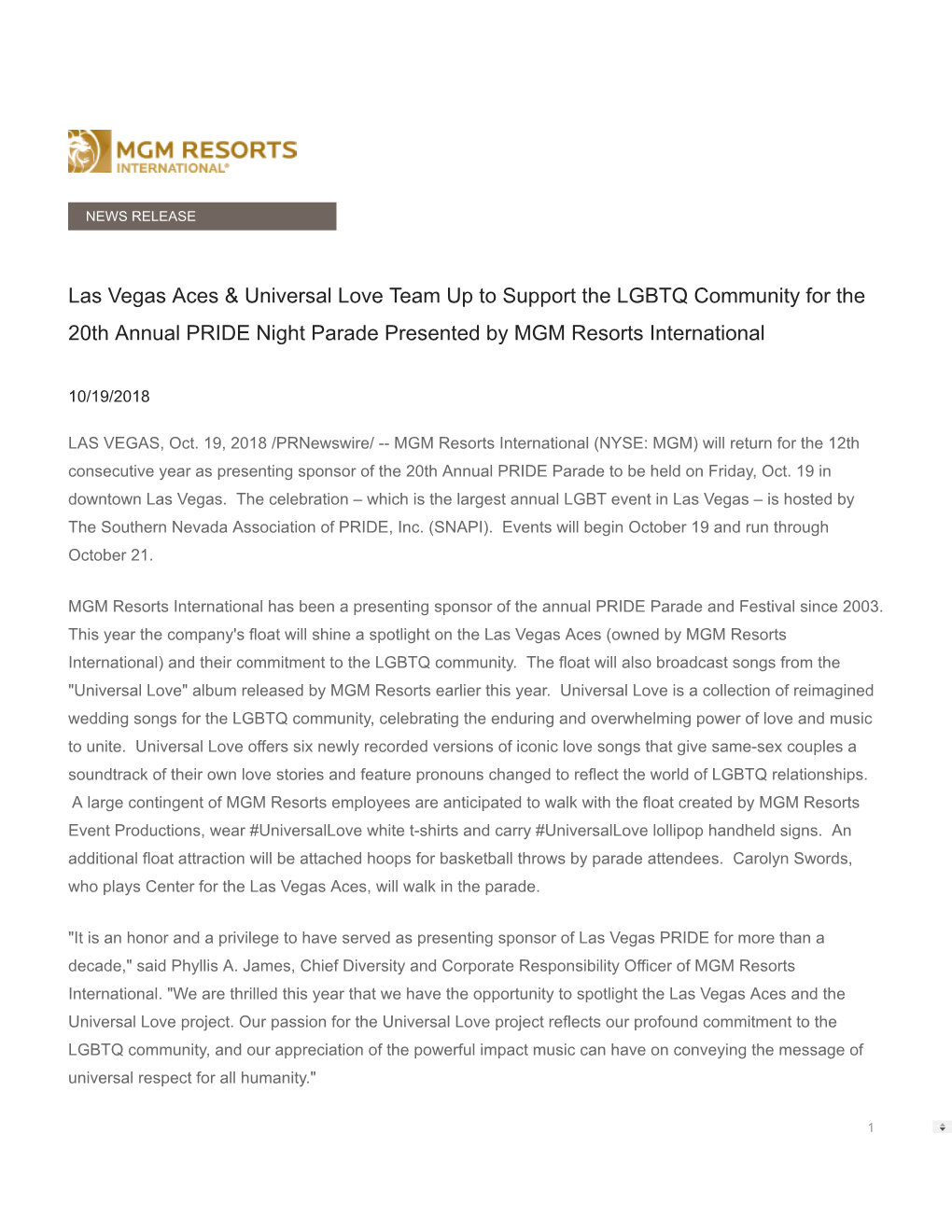 Las Vegas Aces & Universal Love Team up to Support the LGBTQ Community for the 20Th Annual PRIDE Night Parade Presented by M