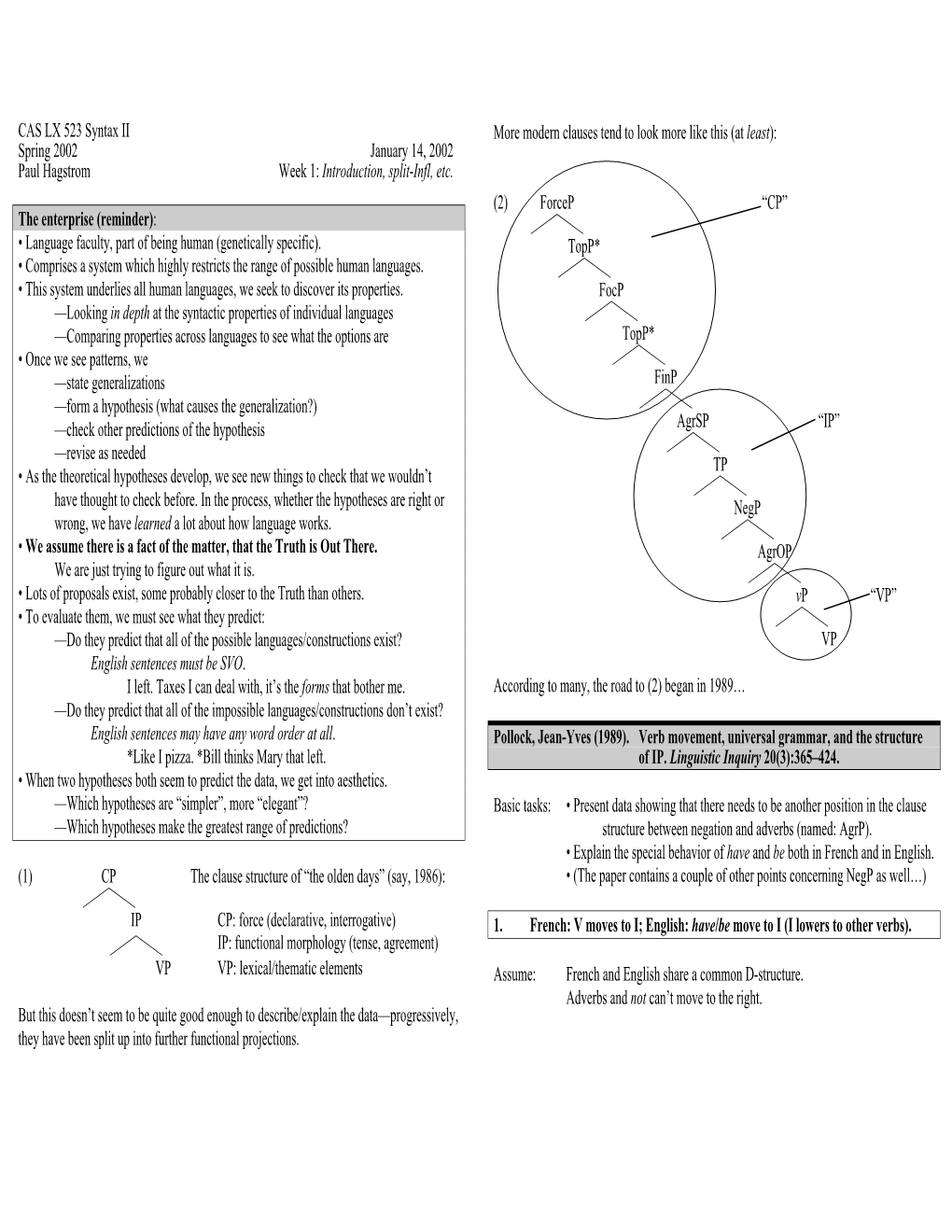 CAS LX 523 Syntax II Spring 2002 January 14, 2002 Paul Hagstrom Week 1: Introduction, Split-Infl, Etc. the Enterprise (Reminder)