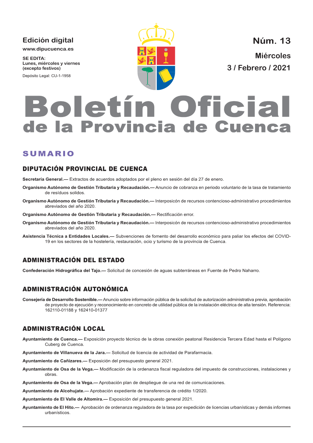 Boletín Oficial De La Provincia De Cuenca S U M a R I O Diputación Provincial De Cuenca