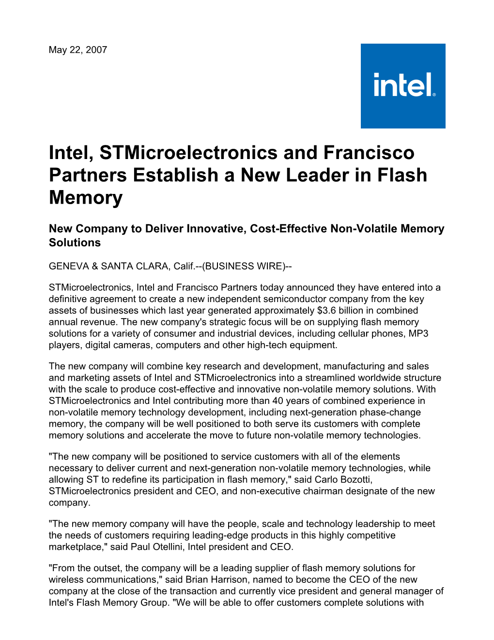 Intel, Stmicroelectronics and Francisco Partners Establish a New Leader in Flash Memory