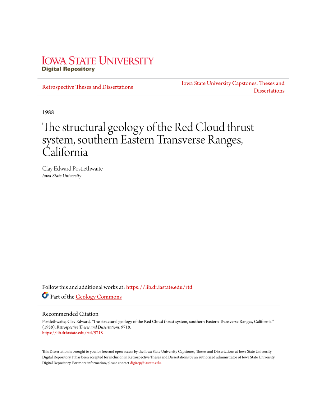 The Structural Geology of the Red Cloud Thrust System, Southern Eastern Transverse Ranges, California