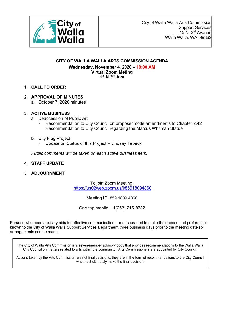 City of Walla Walla Arts Commission Support Services 15 N. 3Rd Avenue Walla Walla, WA 99362